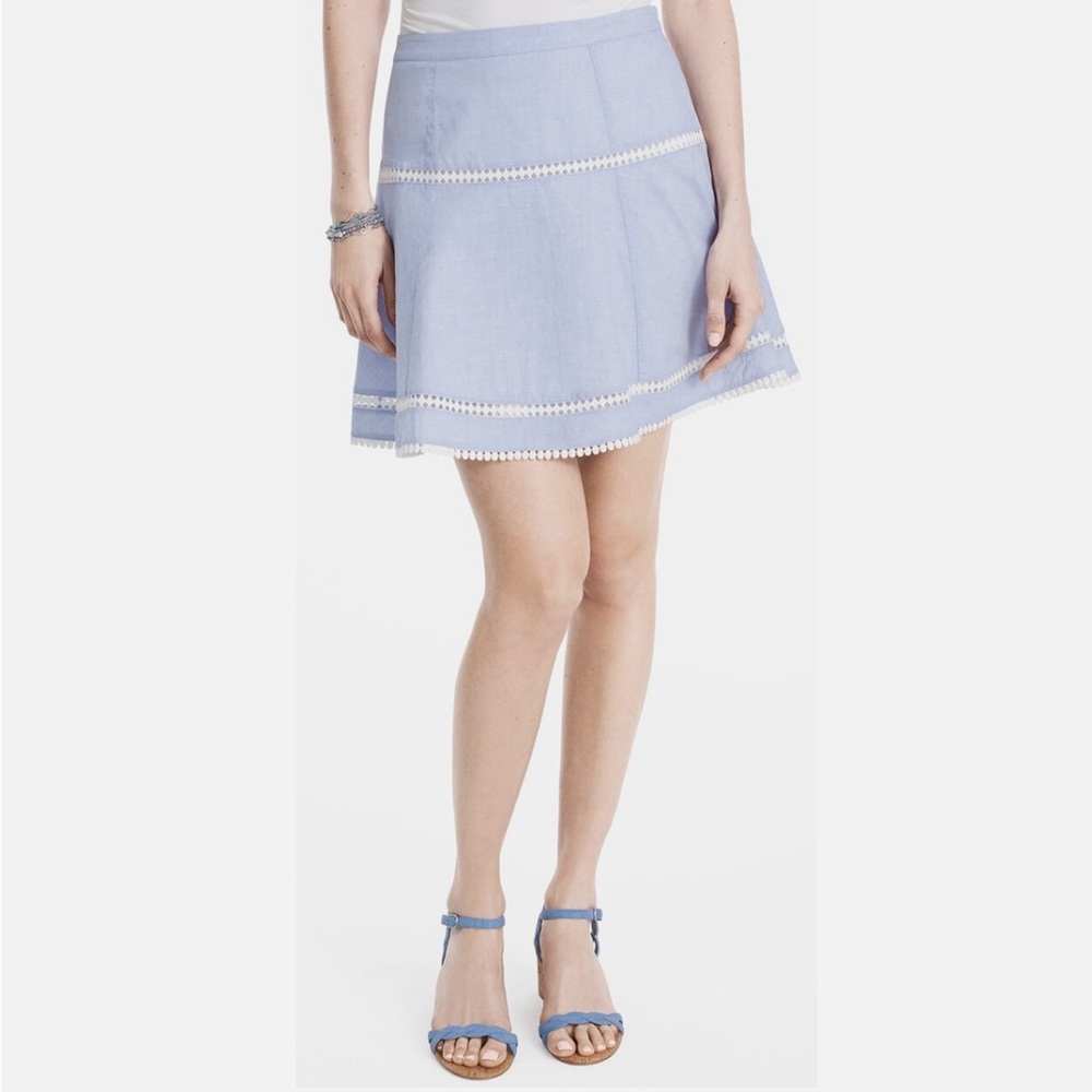 White House Black Market Yarn Dye Flirty Mini Skirt, White with Indigo, Sz 8